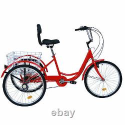 20/24/26'' 7 Speed Adult Tricycle 3-Wheel Trike Cruiser Bike with Shopping Basket