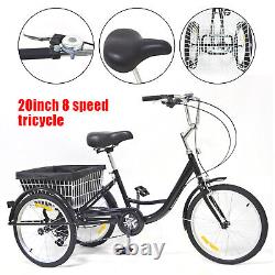20'' Adult Tricycle 3-Wheel Bike 8 Speed Cruise Trike Bicycle with Shopping Basket