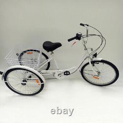 24 6 Speeds Adult Tricycle White 3 Wheel Bicycle Cruise Trike + Basket & Lamp