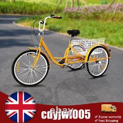 24 6-speed Adult Tricycle 3 wheel Yellow Bicycle Trike Bike with Basket & Lamp