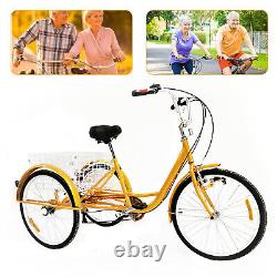 24 6-speed Adult Tricycle 3 wheel Yellow Bicycle Trike Bike with Basket & Lamp