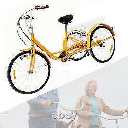 24 6-speed Adult Tricycle 3 wheel Yellow Bicycle Trike Bike with Basket & Lamp