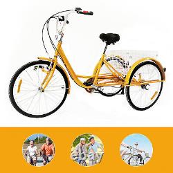 24 6-speed Adult Tricycle 3 wheel Yellow Bicycle Trike Bike with Basket & Lamp