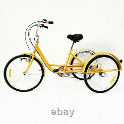 24 6-speed Adult Tricycle 3 wheel Yellow Bicycle Trike Bike with Basket & Lamp