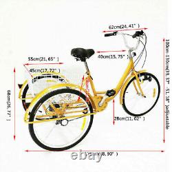 24 6-speed Adult Tricycle 3 wheel Yellow Bicycle Trike Bike with Basket & Lamp