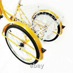 24 6-speed Adult Tricycle 3 wheel Yellow Bicycle Trike Bike with Basket & Lamp