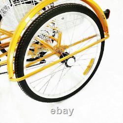 24 6-speed Adult Tricycle 3 wheel Yellow Bicycle Trike Bike with Basket & Lamp