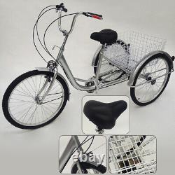 24 Adult Tricycle 6-Speed Bicycle Bike Trike Cruise 3 Wheel +Basket+Lamp Silver