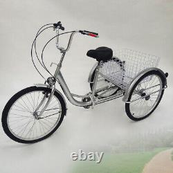 24 Adult Tricycle 6-Speed Bicycle Bike Trike Cruise 3 Wheel +Basket+Lamp Silver