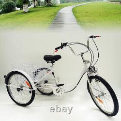 24 Adult Tricycle 6 Speeds White 3 Wheel Bicycle Cruise Trike With Basket & Lamp