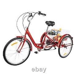 24 Adult Tricycle Bicycle Trike Cruise Bike 3 Wheel 6 Speed With Basket + Light