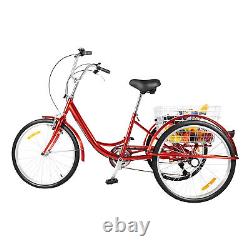 24 Adult Tricycle Bicycle Trike Cruise Bike 3 Wheel 6 Speed With Basket + Light