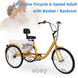 24 Adults Tricycle Bike Trike 3-Wheel Shopping Bicycle Wheel 6 Speed + Basket