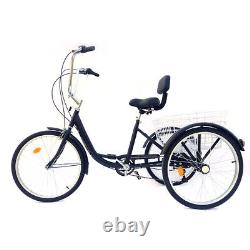 24'' Black Adult Tricycle 3-Wheel Bike 6 Speed Cruise Trike Bicycle +Basket