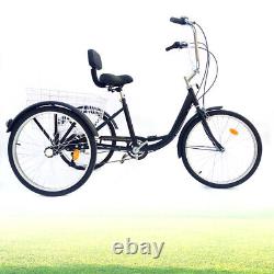 24'' Black Adult Tricycle 3-Wheel Bike 6 Speed Cruise Trike Bicycle +Basket