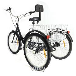 24 Folding Adult Tricycle 3-Wheel Bike 7 Speed Cruiser Trike Bicycle with Basket