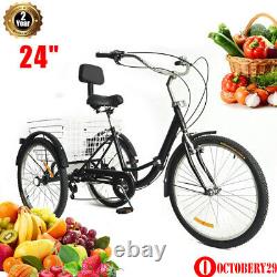 24'' Folding Adult Tricycle 3-Wheel Bike 7 Speed Trike Bicycle with Basket 120kg