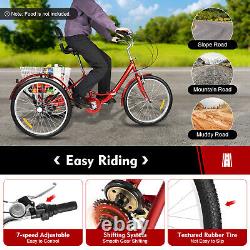 24'' Folding Adult Tricycle 3-Wheel Bike 7 Speed Trike Bicycle with Basket + Back