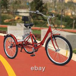 24 Folding Tricycle Adult Trike 7 Speeds 3-Wheel Bike Bicycle with Basket & Back