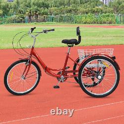 24 Folding Tricycle Adult Trike 7 Speeds 3-Wheel Bike Bicycle with Basket & Back