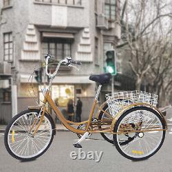 24 Gold Adult Tricycle 6-Speed 3 Wheel Bicycle Seniors Shopping Trike with Basket