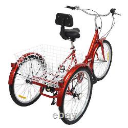 24 Inch Adult Tricycle 3 Wheel Bike 7 Speed Folding Bicycle Trike with Basket+Back
