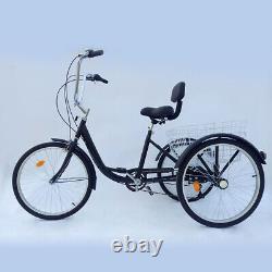 24 Inch Adult Tricycle 3-wheel 6 Speed Bike Bicycle With Shopping Basket Black