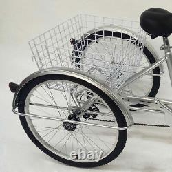24 Inch Adult Tricycle 6-Speed Bicycle Bike Trike Cruise 3 Wheel+Basket+Lamp UK
