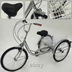 24 Inch Adult Tricycle 6-Speed Bicycle Bike Trike Cruise 3 Wheel+Basket+Lamp UK