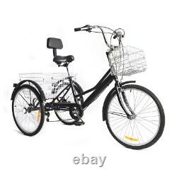 24 Inch Adult Tricycle 7 Speed 3 Wheels Bicycle Bike Black 120kg with Basket New