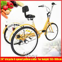 24 Inch Adult Tricycle Bike 6 Speed 3 Wheel Bicycle Trike withBasket+Backrest Gift