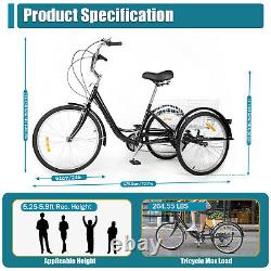 24 Inch Adult Tricycle Trike Bike 8-Speeds 3-Wheel Bicycle WithFolding Back Basket