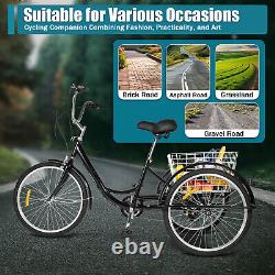 24 Inch Adult Tricycle Trike Bike 8-Speeds 3-Wheel Bicycle WithFolding Back Basket