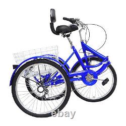 24 Inch Adult Trike Tricycle Foldable 3 Wheel Bike 7-Speed With Basket