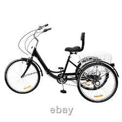 24 Inch Folding Adult Tricycle 3-Wheel Bike 7 Speed Trike Bike Bicycle + Basket