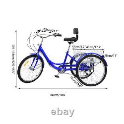 24 Inch Tricycle Adults Seniors Foldable 7 Speed 3 Wheels Bicycle with Basket