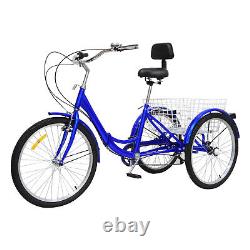 24 Inch Tricycle Adults Seniors Foldable 7 Speed 3 Wheels Bicycle with Basket