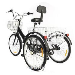 24 Inch Tricycle for Adults Tricycle 7 Speed 3 Wheels Bicycle Bike with Basket