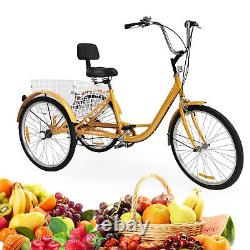 24 Tricycle 3 Wheel 6-Speed Adult Bicycle Tricycle Trike Bike with Basket