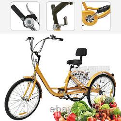 24 Tricycle 3 Wheel 6-Speed Adult Bicycle Tricycle Trike Bike with Basket