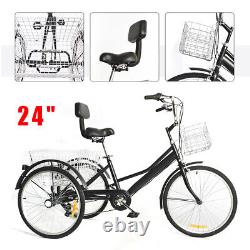 24 Tricycle 3 Wheel 7-Speed Adult Bicycle Tricycle Trike Bike with Basket NEW