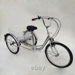 24 Tricycle 6-Speed 3 Wheel Cycling Adult Bicycle Trike Tricycle Bike Silver
