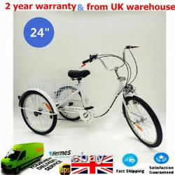 24 White Adult Tricycle 3 Wheel 6 Speed Bicycle Trike Cruise Basket + Lamp NEW