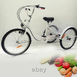 24 White Adult Tricycle 3 Wheel 6 Speed Bicycle Trike Cruise Basket + Lamp NEW