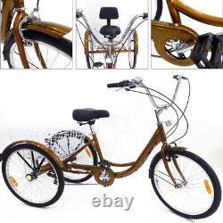 24'' Yellow Adult Tricycle Aluminum Tricycle Cruiser Stem with Backrest 3-wheel