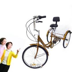 24'' Yellow Adult Tricycle Aluminum Tricycle Cruiser Stem with Backrest 3-wheel