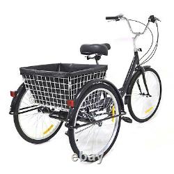 24 inch Adult Tricycle 3-Wheels 8 Speed Bicycle Bike Trike+Shopping Basket Black