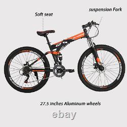 27.5 Full Suspension Folding Mountain Bike 21 Speed Mens Bicycle Disc Brakes