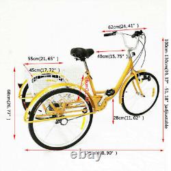 6-Speed 24 Tricycle Adult Bicycle Trike Seniors 3 Wheel Bike with Basket Yellow