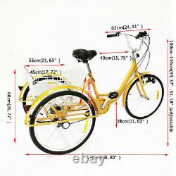 6-Speed 3 Wheel 24 Tricycle Adult Bicycle Trike Seniors Bike with Basket Yellow